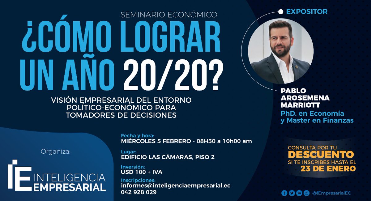 IEmpresarialEC's tweet photo. ¿Quieres que tu empresa logre un año 20/20?
CONFERENCIA DE ENTORNO ECONÓMICO PARA TOMADORES DE DECISIONES con @parosemena
Aprovechen los descuentos por tiempo limitado!
#coyuntura #economia #perspectivas #ecuador #2020Ec #consultoria #fmi #politica #conferencia #empresa https://t.co/iBEiWelwPs