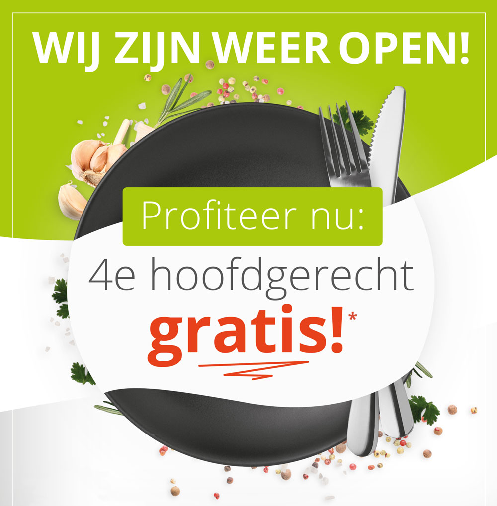 Kom weer genieten bij Restaurant De Bonte Koe en profiteer van onze actie: 4e hoofdgerecht gratis! Geldig van 14-01 t/m 29-02-2020, niet i.c.m. andere acties.