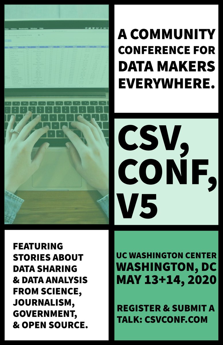 Reminder: v5 of <a href="/CSVConference/">CSVConf @csvconf@mastodon.social</a> - a community conference for data makers everywhere - will take place on May 13 + 14 2020 in Washington DC csvconf.com #csvconf

Submit your talk proposals by February 7 2020 via bit.ly/352Wn2g