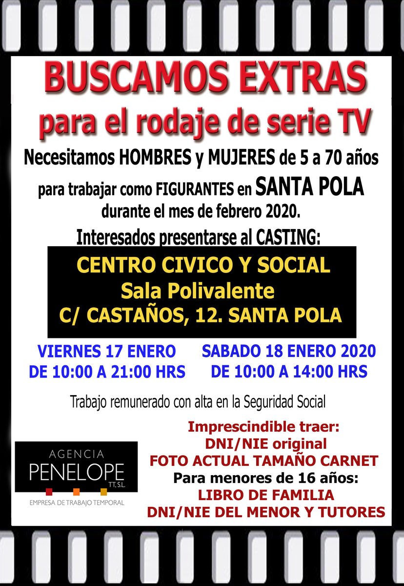 SantaPolaTurism's tweet photo. ¡Casting! 🎬 Se buscan extras para el rodaje de una serie de TV en #SantaPola 
🔎 Se buscan hombres y mujeres de 5 a 70 años 
Interesados presentarse viernes 17 de enero de 10 a 21 h. o sábado 18 de enero de 10 a 14 h. en el Centro Cívico #Alicante #costablanca https://t.co/qT3Qhhs6Z0