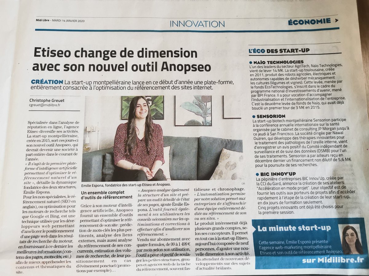 Merci à <a href="/ChristophGreuet/">Christophe GREUET</a> pour cet article ce matin dans le <a href="/Midilibre/">Midi Libre</a> qui annonce la commercialisation de notre outil d'intelligence artificielle dans le référencement naturel.
<a href="/anopseo/">anopseo</a> <a href="/chantal_marion/">MARION Chantal 💎</a> <a href="/Rabii_Youssous/">RabiiYOUSSOUS</a> @MtpManagement #IA #SEO #innovations