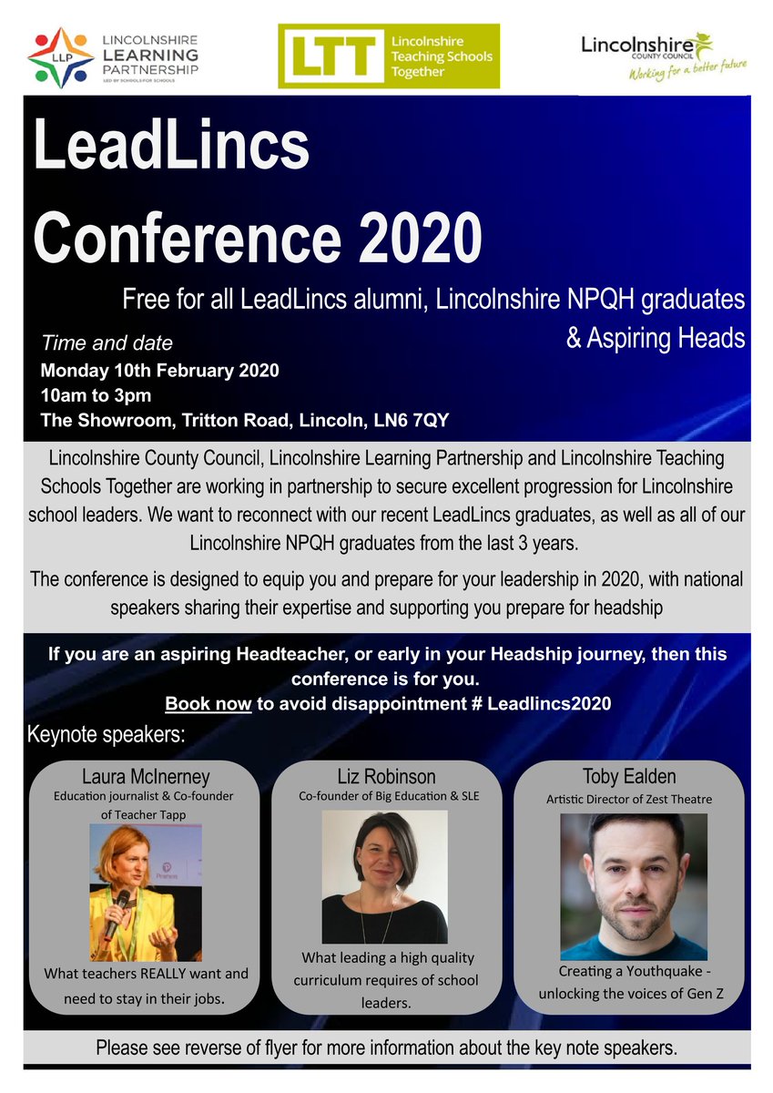 ConnectTSA's tweet photo. The LeadLincs Conference - Monday 10th February 2020 @ The Showroom, Tritton Road, Lincoln, LN6 7QY
If you are an aspiring Headteacher, or early in your Headship journey, then this conference is for you! https://t.co/x7Q3B1sth1