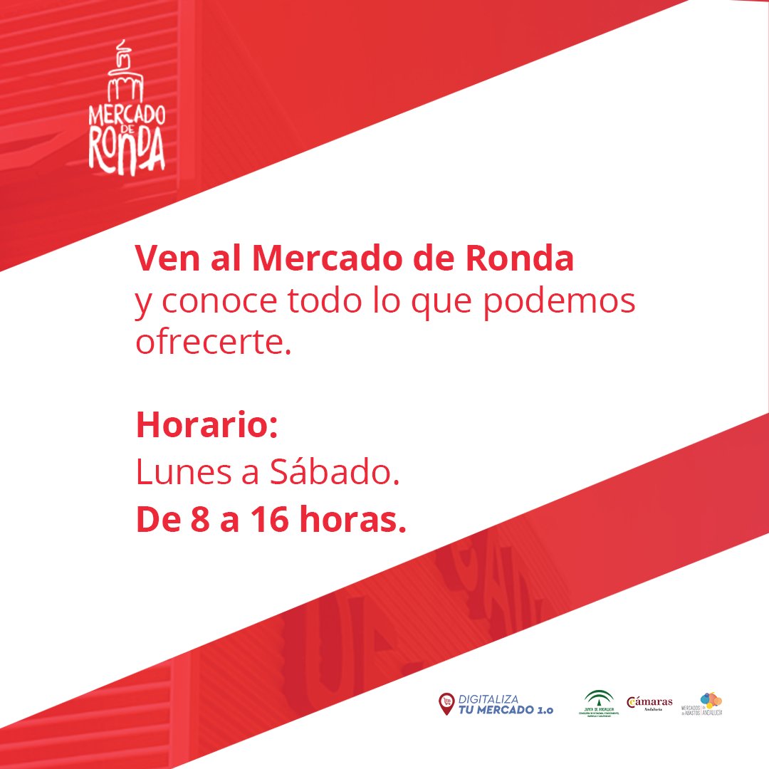 MercadodeRonda's tweet photo. ¿Aún no conoces el #MercadodeRonda? 

Conoce cuál es nuestro horario y todo lo que te podemos ofrecer en nuestra página web 📲 https://t.co/mvIqnuPrcT

¡Te esperamos!

@EconomiaAnd · @comercioAND · @digitaliza_mdo1 · @CCAndalucia · @Camara_Malaga · @AytoRonda https://t.co/QAoPedaWsS