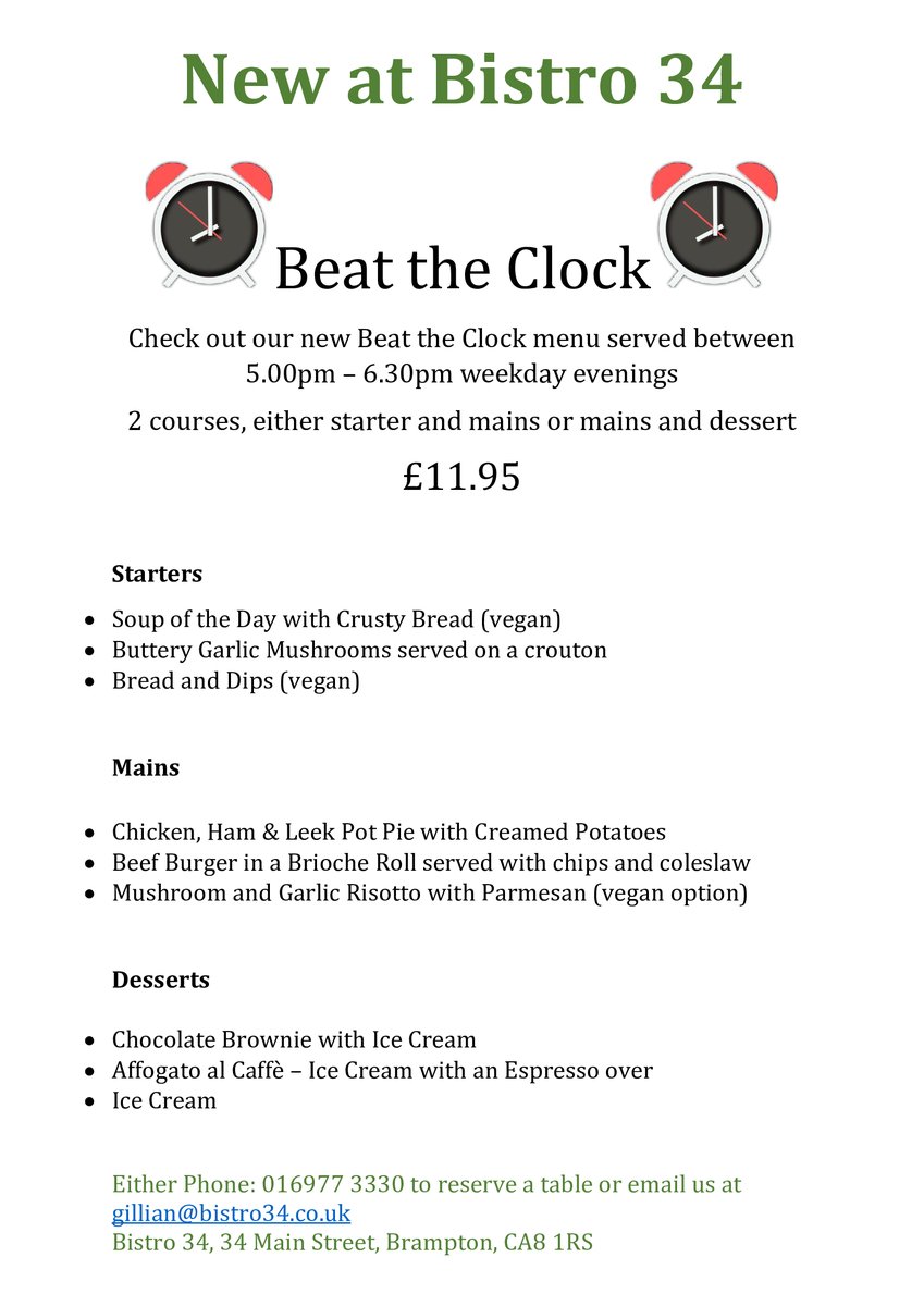 IT'S BACK!!! By popular demand, we have brought back the 'Beat The Clock' menu for weekdays between 5pm and 6.30pm. Have two courses, either starter and main or main and dessert for £11.95.