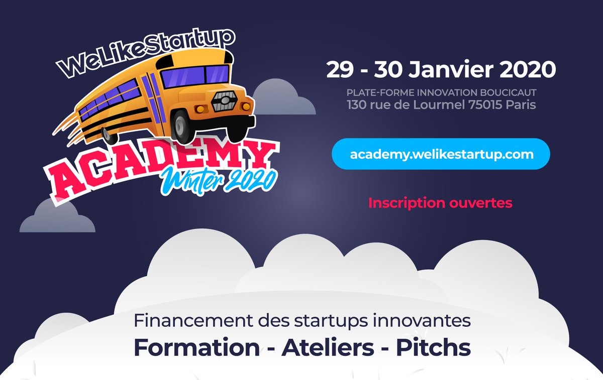 29-30 Janvier 2020, Paris Innovation Boucicaut,75015, S'informer,#seformer sur le #financement de l'#innovation (2 jours dédiés aux pratiques, enjeux de #levéedefonds,½ J d'#ateliers à thème, #pitchs en #seed 
Inscriptions TOUJOURS ouvertes academy.welikestartup.com 
#welikestartup