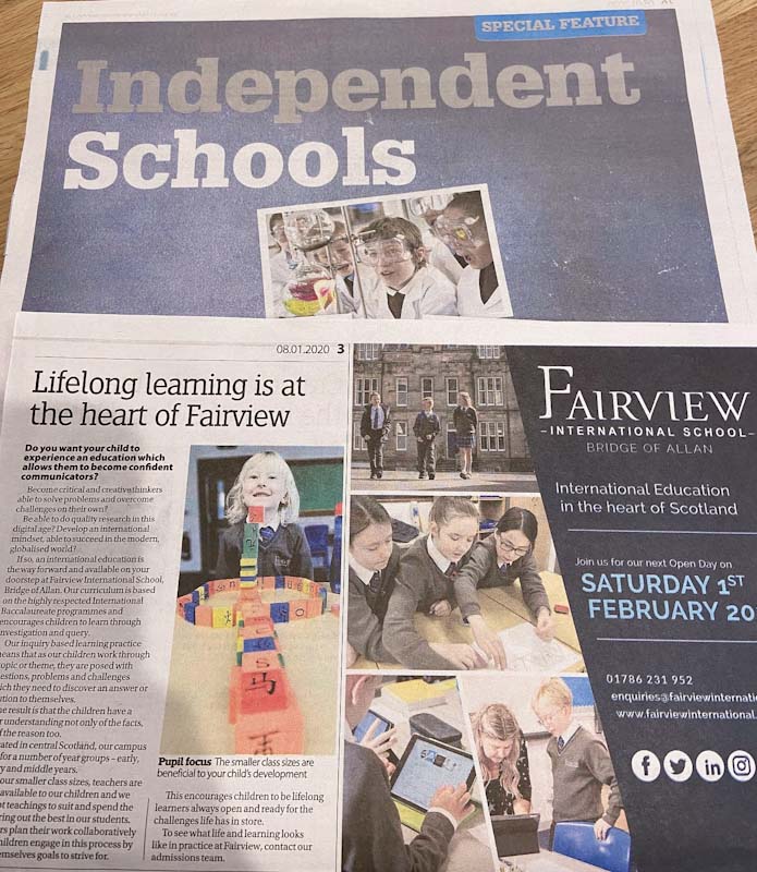 FairviewBofA's tweet photo. Check us out in the Independent Schools Special Feature of your local newspaper📰
To find out more, come along to our Open Day on Saturday 1st February!
Register at https://t.co/kuUhBFBeMN
#stirlingobserver #openday #education #internationalbaccalaureate https://t.co/EsixfzLqIY