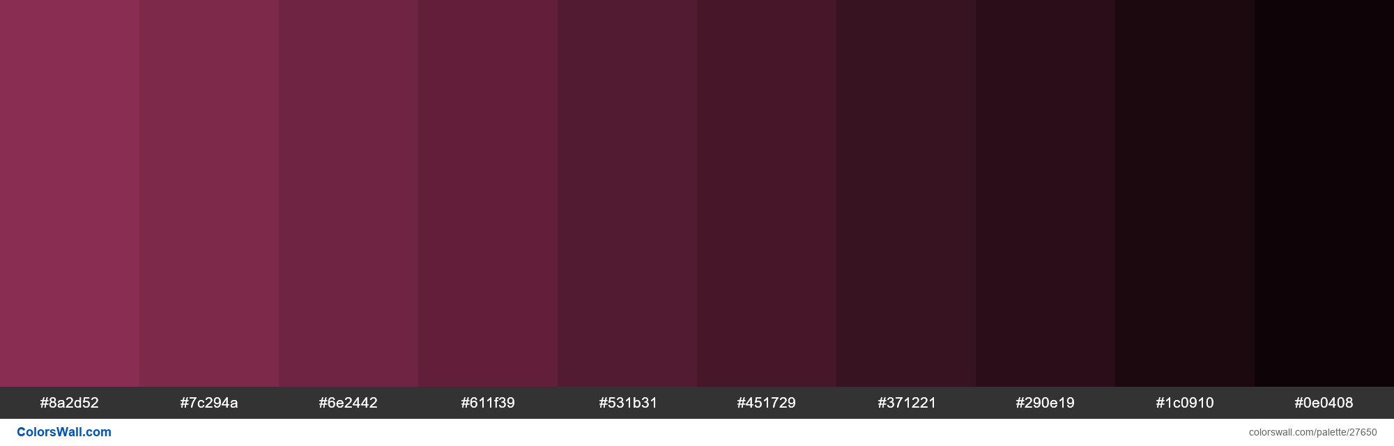 colorswall on X: Shades of Rose Bud Cherry color #8A2D52 hex #8a2d52,  #7c294a, #6e2442, #611f39, #531b31, #451729, #371221, #290e19, #1c0910,  #0e0408 #colors #palette   /  X