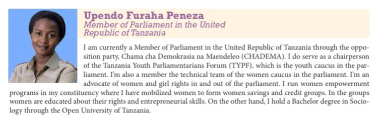awln_YoungWomen's tweet photo. #1ProfileADay

@UpendoPeneza #Tanzania🙋🏾‍♀️

Upendo is a Member of Parliament in the United Republic of Tanzania

“I run women empowerment
programs in my constituency where I have mobilized women, who are educated about their rights &amp; entrepreneurial skills

#AWLNYoungWomenTransform https://t.co/jFLPWVxNCu