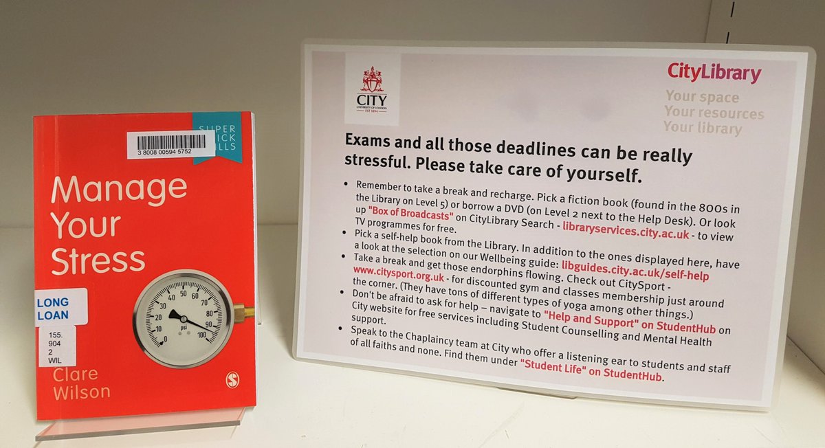 CityUniLibrary's tweet photo. Being anxious and stressed under exams is normal. We've put together a display with some self-help books which might help you cope better with anxiety. If you need, check our Wellbeing guide: https://t.co/jt8LmmaMMT https://t.co/1NgSIWPHlm