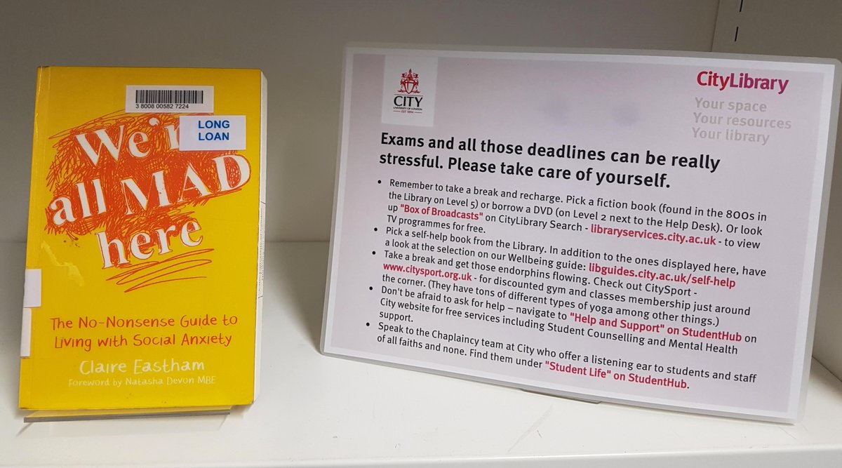 CityUniLibrary's tweet photo. Being anxious and stressed under exams is normal. We've put together a display with some self-help books which might help you cope better with anxiety. If you need, check our Wellbeing guide: https://t.co/jt8LmmaMMT https://t.co/1NgSIWPHlm