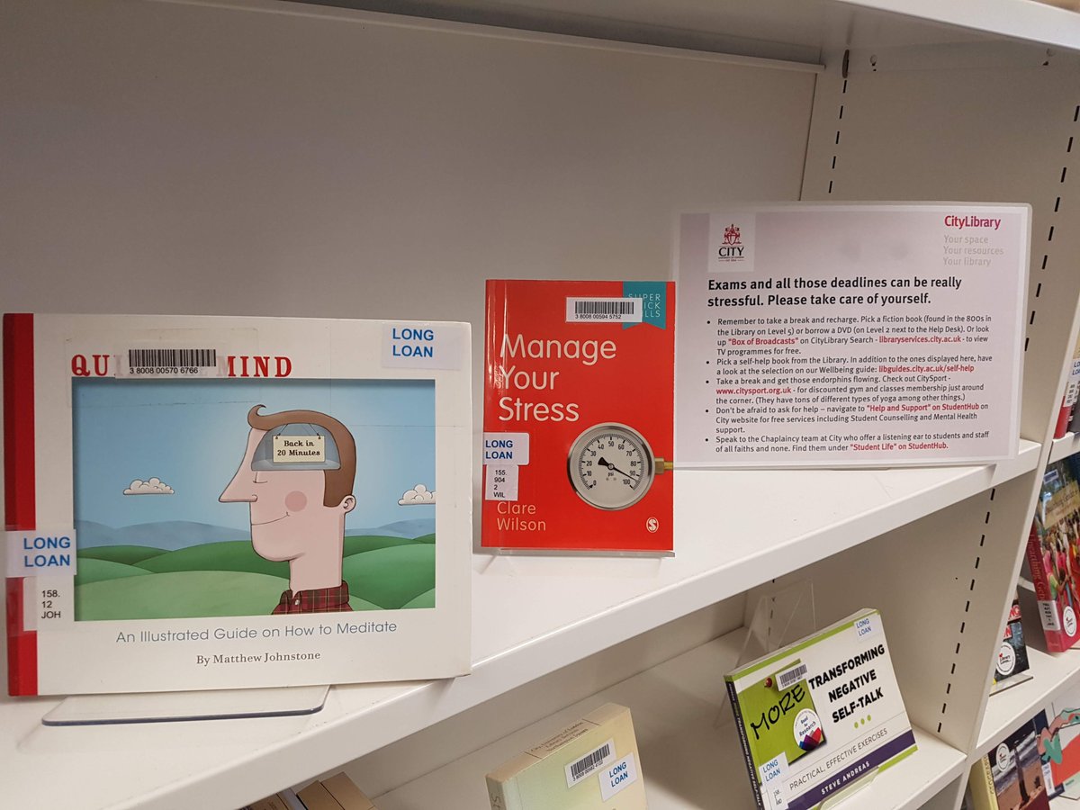 CityUniLibrary's tweet photo. Being anxious and stressed under exams is normal. We've put together a display with some self-help books which might help you cope better with anxiety. If you need, check our Wellbeing guide: https://t.co/jt8LmmaMMT https://t.co/1NgSIWPHlm