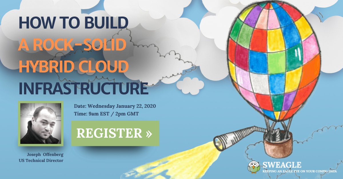 SweagleConfig's tweet photo. Check out this #HybridCloud #webinar airing January 22 at 9am EST. Tech Director Joe Offenberg explores best practices for running applications in the cloud and maintaining a secure pipeline. Tune in live or catch it on-demand: https://t.co/JfGd22jrZM #Cloud #awscloud #DevOps https://t.co/xOPiVCt5fE