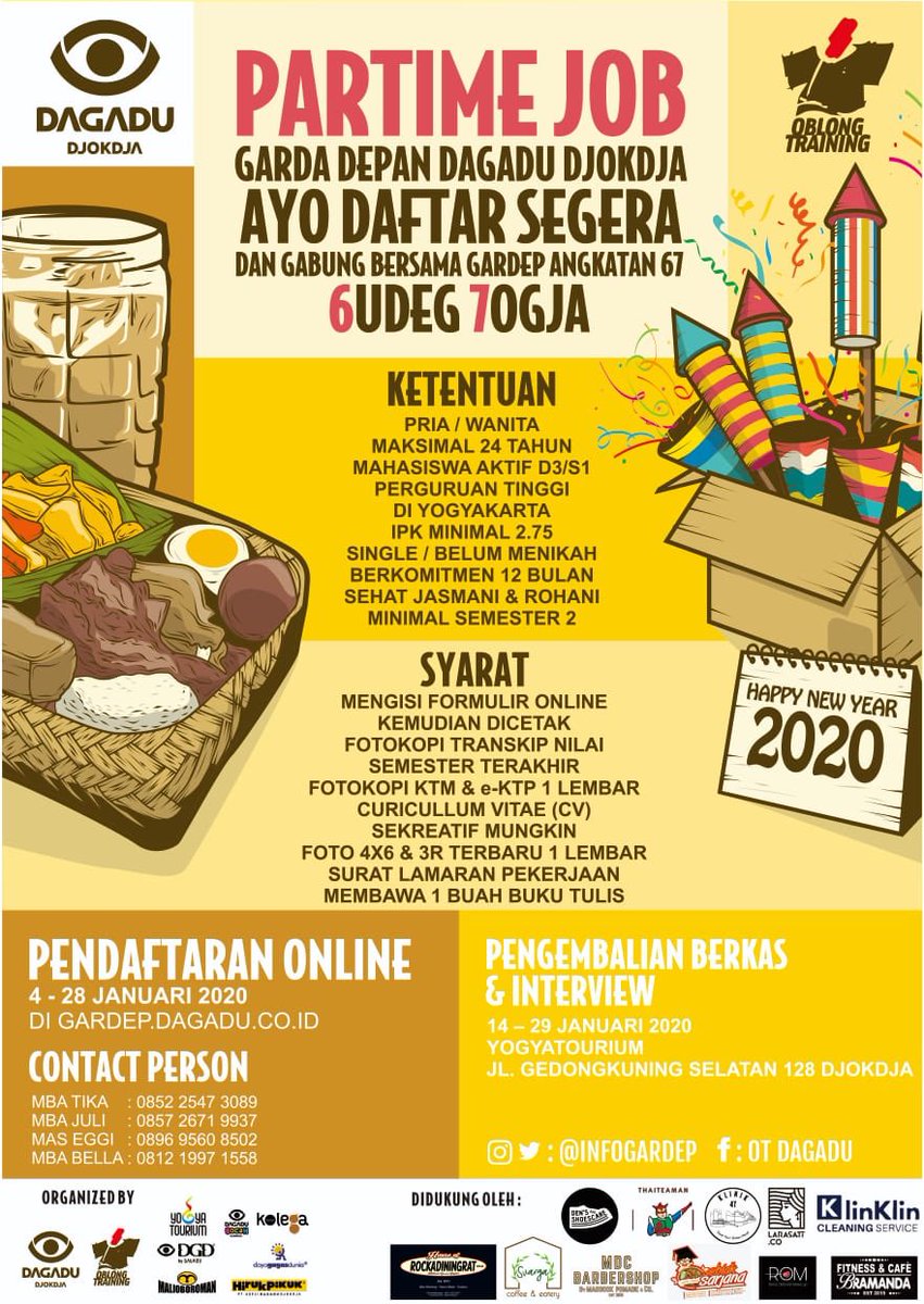 infogardep's tweet photo. @lokerjog Garda Depan 67 PT. Aseli Dagadu Djokdja | part time | mahasiswa/i PT di Yogyakarta min semester 2, maks usia 24th. Pendaftaran: https://t.co/tNSmEKVaj4 
#lokerjogja #lowkerjogja #infolowkerjogja #parttimejogja https://t.co/qUuEBQ1LLi