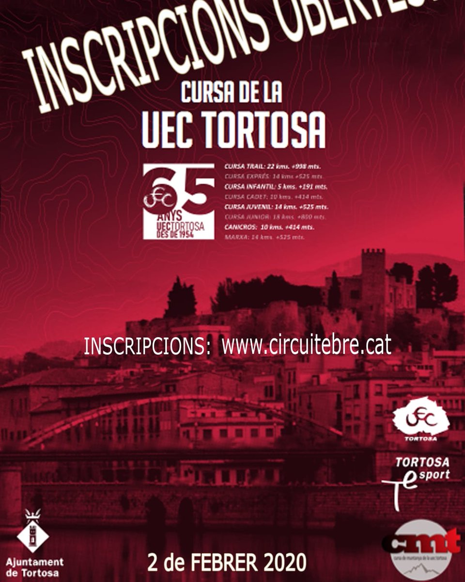 Ja queda poc perquè arranqui el #circuitebre 2020!
Inscriu-te a la primera prova! Serà el 2 de febrer a #Tortosa !
També 3r prova del #canicrosebre i puntuable pel circuit <a href="/feec_cat/">FEEC</a> !!
#circuitebre #canicrosebre #circuitexpresebre #cursespermuntanya #trailrunning  #TerresdelEbre