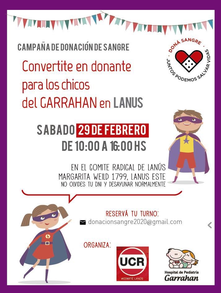 Convertite en Donante 🩸

En conjunto con el Hospital Garrahan haremos una jornada de concientización y donación de sangre. Es para el 29/02 y a partir de hoy pueden anotarse como donante en el mail que indica el flyer.👇