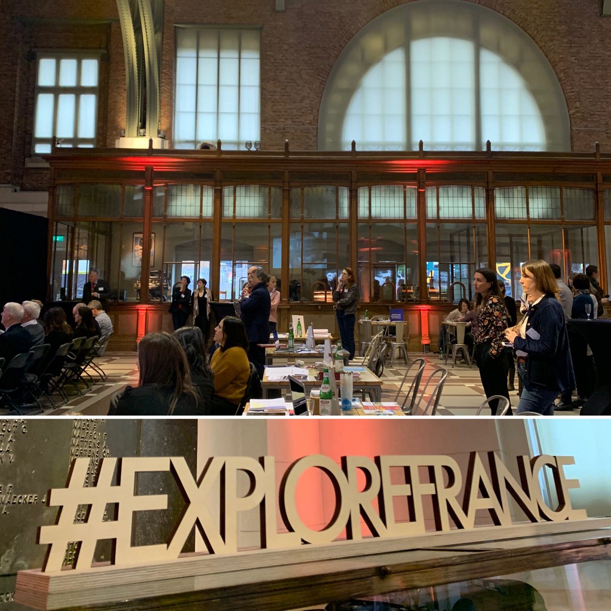 DanielaRouault's tweet photo. #collectionfrance accueille 45 journalistes à la rencontre de plus de 20 destinations en France dans un lieu du patrimoine bruxellois : la gare classée de Schaerbeek #explorefrance https://t.co/12W9YSh3NO
