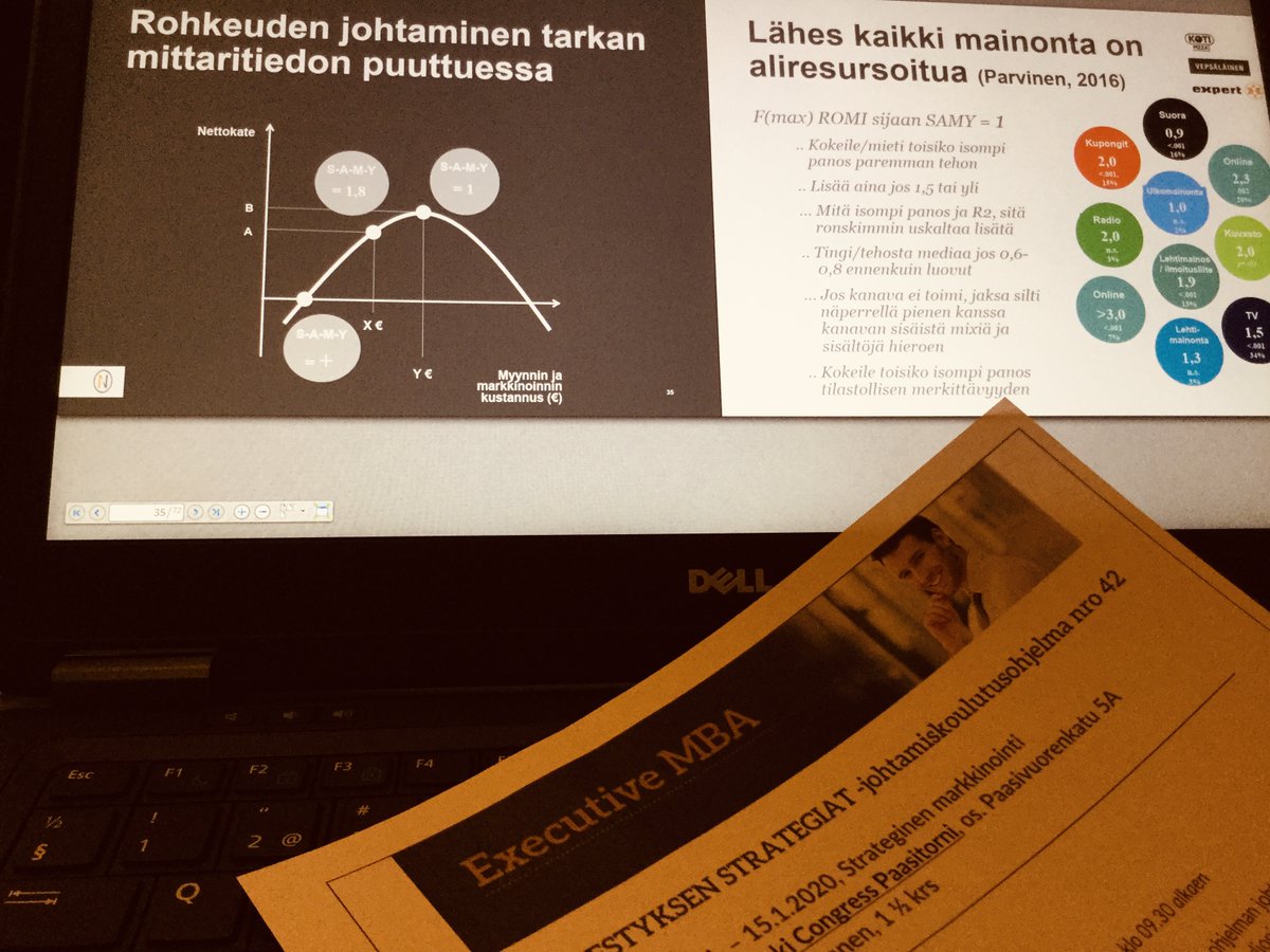 Petri Parvinen #jyuEMBA Menestyksen Strategiat -ohjelmassa linjaa: Lisää markkinointia niin kauan markkinointieurolla saa vähintään yhden lisäkate-euron. Ei saa lopettaa, jos markkinointi tuottaa tulosta! #menestyjohtajana #verkotuviisaasti