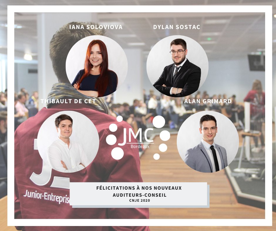 4 membres de notre équipe et 1 membre de <a href="/JMCNice/">Junior MIAGE Concept</a>  étaient présents au #WEFFAH ce week-end, ils ont tous été acceptés comme Auditeur-Conseil de la <a href="/cnje/">Junior-Entreprises</a> ! 📝 #WeAreJE