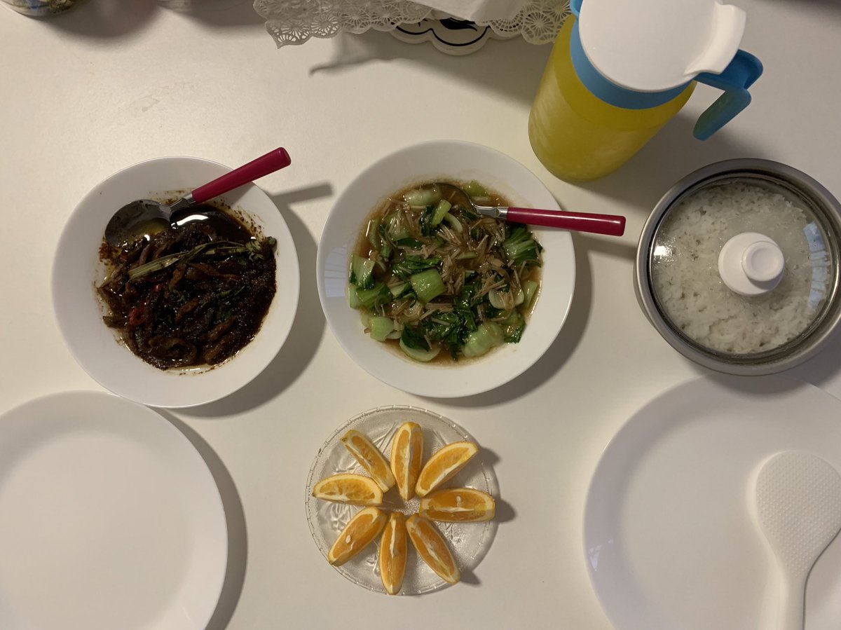 14/1/2020: Nasi + daging masak bali + pak choy masak tiram + buah oren + air oren sunquick for dinner today 