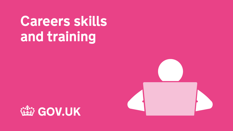 Outline of someone on a laptop. Text reads, 'Careers skills and training'. 