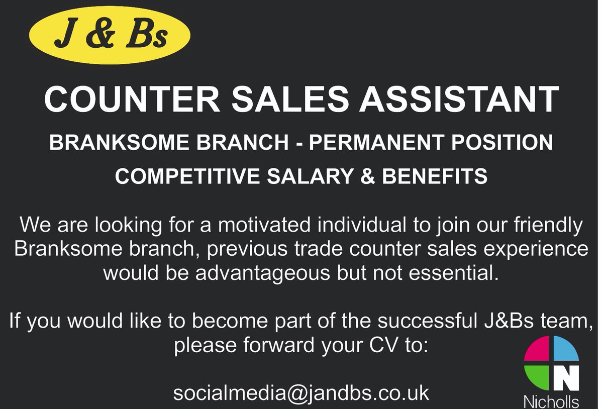 JBPlumbing2's tweet photo. Counter Sales Assistant required at our Branksome branch, forward CV to socialmedia@jandbs.co.uk @craggydog13 @Bournemouthecho @dailyechopoole @John__Nicholls #jobsearch #poole #plumbing #countersales #DailyTweet https://t.co/pzbvy5pFMK