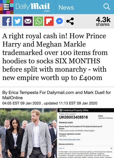 Exhibit 10:  #CompanyGate Charles sells his Duchy and Highgrove products. Kate sets up the CE Strathearn firm, William's is APL Anglesey, Harry's is Tsessebe. But when Meghan and Harry set up a firm together for their brand, they are cashing in.