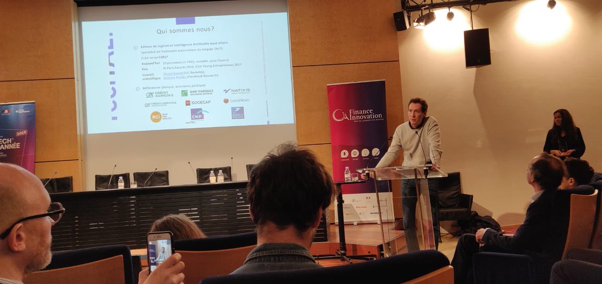 RecitalAI's tweet photo. @GillesMoyse est sur scène pour présenter @RecitalAI pour le prix coup de cœur du jury, remis par Chirine BenZaied - Bourgerie  De @FinastraFS 
Cc @financeinnov https://t.co/WObLLzsREN