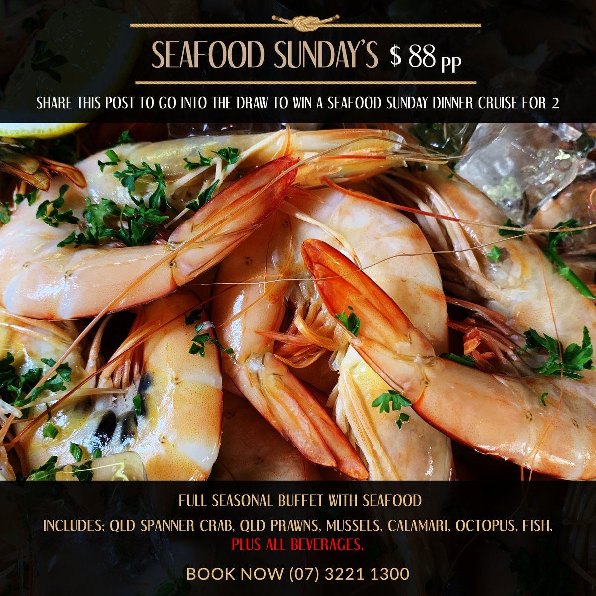 Our Sunday night dinner cruises now include seafood, plus our full buffet, desserts and all beverages!!
Share this post to go into the draw to win a Seafood Sunday Dinner Cruise for 2, awarded every Friday!! 🏆 kookaburrariverqueens.com