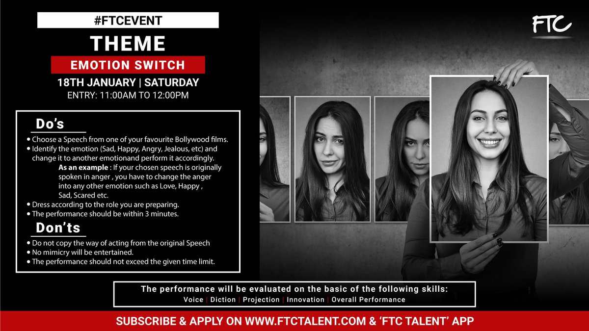 FTCTalent's tweet photo. FTC is calling out to the talents for a unique contest called #EMOTIONSWITCH
Date: Saturday, 18th January 2020
Registration: 11 AM – 12 noon
#FTCEvent #FTCTalent #FTCCasting #Event https://t.co/slrvZAw5dF
