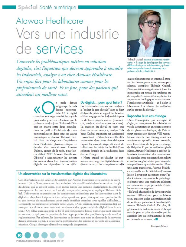 Retrouvez le point de vue de ATAWAO Healthcare pour aider les industries de santé à aller vers une offre de santé personnalisée via le digital. Source : Supplément Pharmaceutique 12/ 2019 #pharmaceutiques #hcsmeufr #esanté # #esante #digitalpharma #médecinepersonnalisée