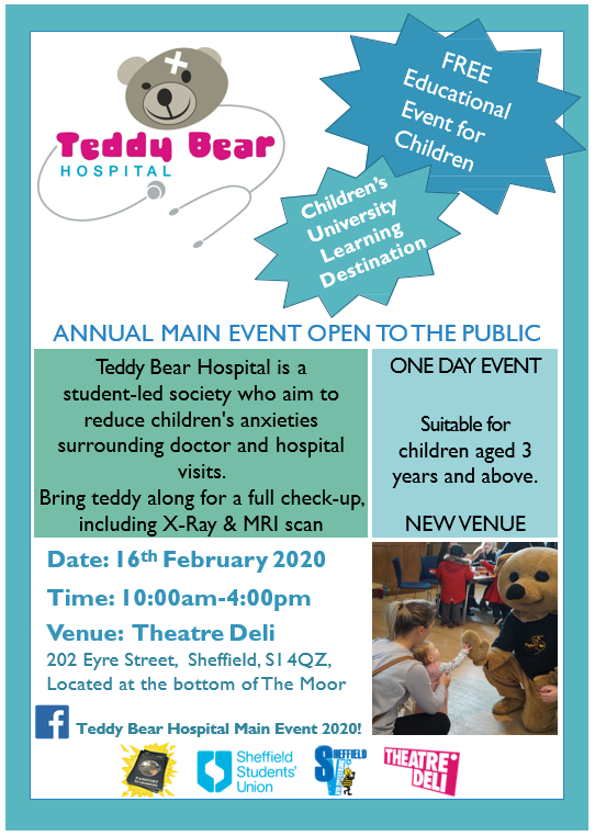 ActivitiesZone's tweet photo. The @TBHSheffield returns on Sunday 16th Feb @theatredelishef It is an @SheffieldSU society run by volunteers which aims to reduce the anxiety that children can experience when visiting the doctor or dentist, as well as promoting child health #sheffield #TeddyBearHospital https://t.co/eudNBbYdC5