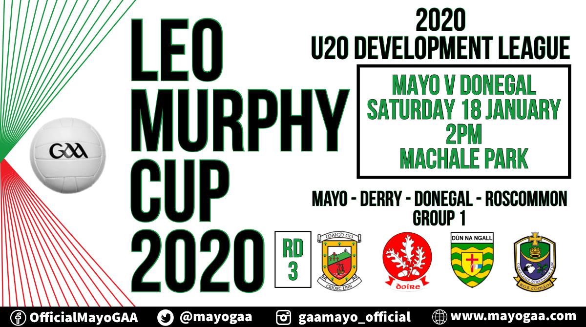 MayoGAA's tweet photo. Mayo v Donegal U20 Leo Murphy cup game goes ahead on Saturday at 2pm in ⁦@Elverys⁩ MacHale Park. #mayogaa https://t.co/d3Td9JN34r