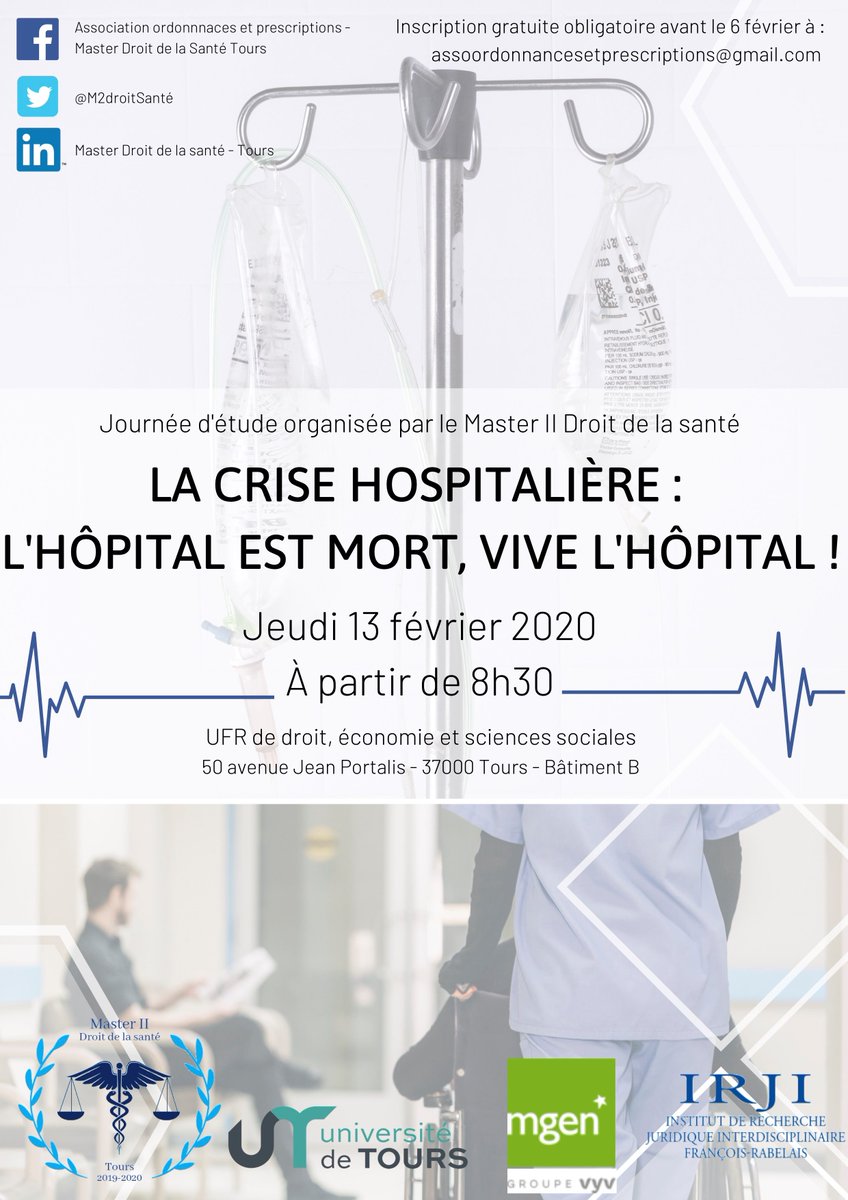 M2droitSante's tweet photo. L'hôpital est mort, vive l'hôpital ! 

Le Master vous invite à sa traditionnelle journée d’étude portant cette année sur la crise hospitalière : https://t.co/PSFadtE3yb

📅Jeudi 13 février.
🕰Accueil : 8h30. Début des interventions : 9h15.
📍50 avenue Jean Portalis, 37200 Tours. https://t.co/6by0P0uelw