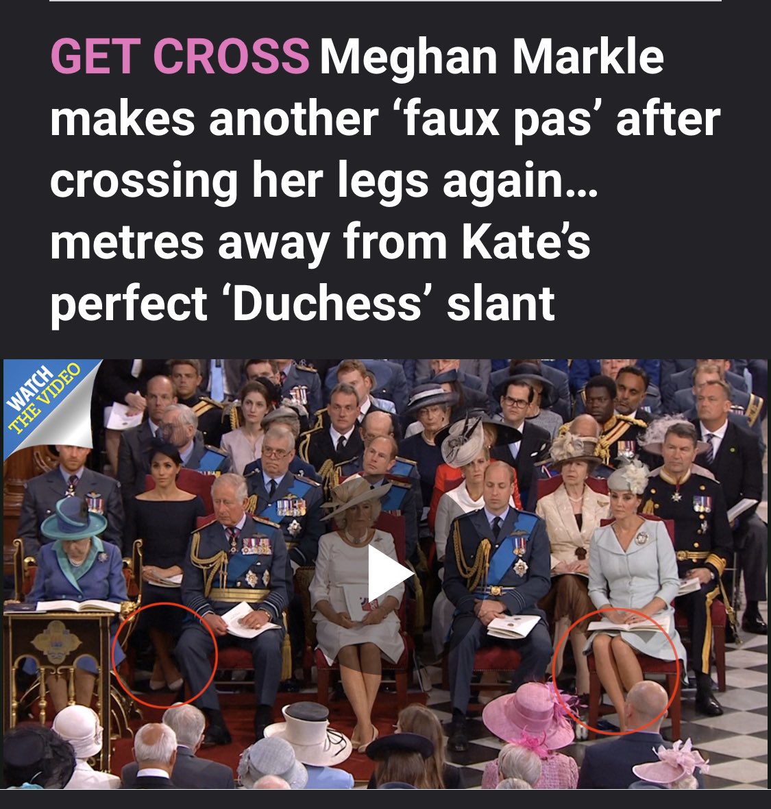 Exhibit 13:  #CrossedLegsGate Meghan is castigated in the Sun.... for crossing her legs. Imagine the outrage!