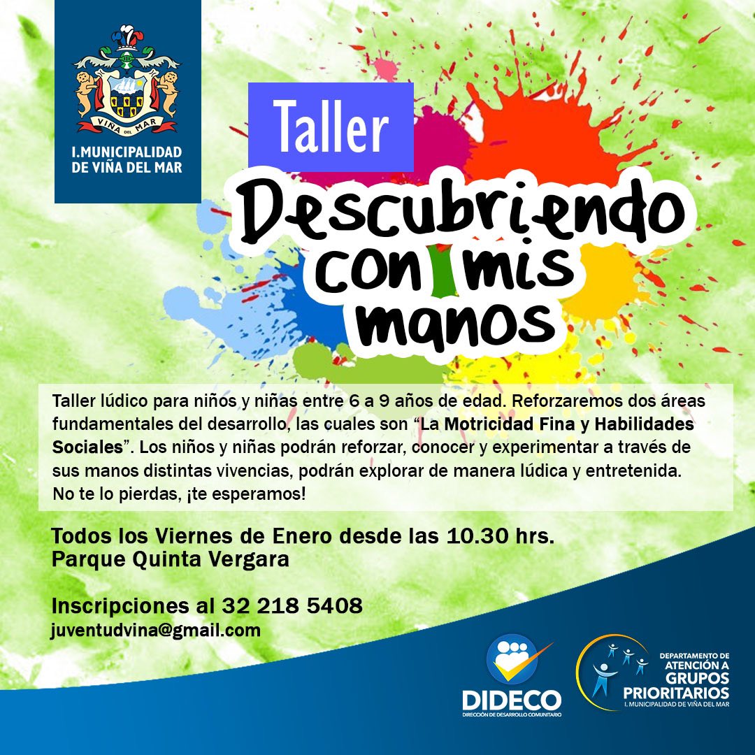 dagpmunivina's tweet photo. Alcaldesa #VirginiaReginato invita a participar en familia del Taller “Descubriendo con mis Manos”, todos los viernes de enero en la Quinta Vergara #viveviña #panoramas #vinadelmar https://t.co/hDbf8GJD4I