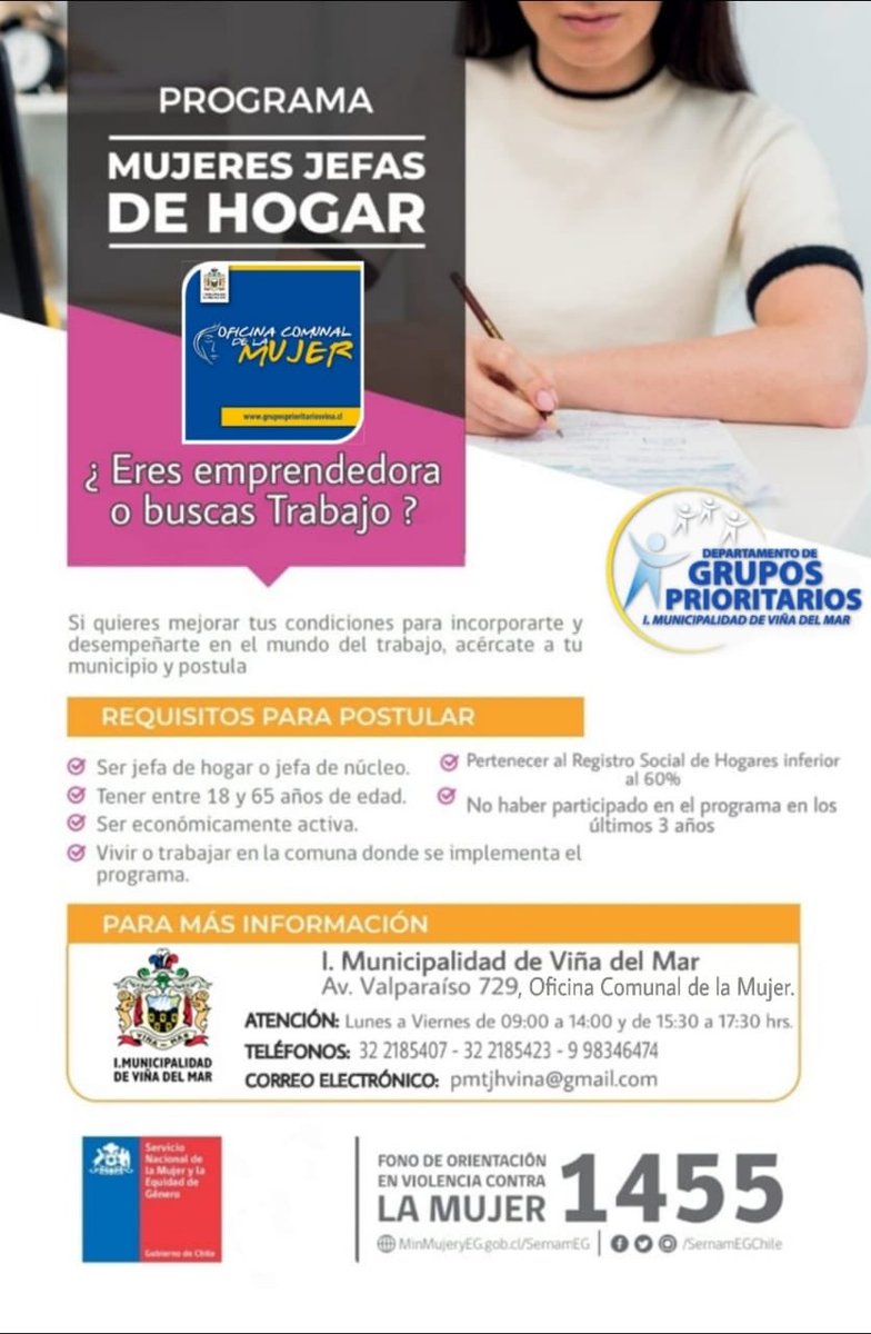 dagpmunivina's tweet photo. Ya están abiertas las inscripciones para participar del Programa Mujeres Jefas de Hogar ¿Eres emprendedora o buscas trabajo? No dejes pasar esta oportunidad #virginiareginato #vivevina #vinadelmar https://t.co/1DafhOMJJx