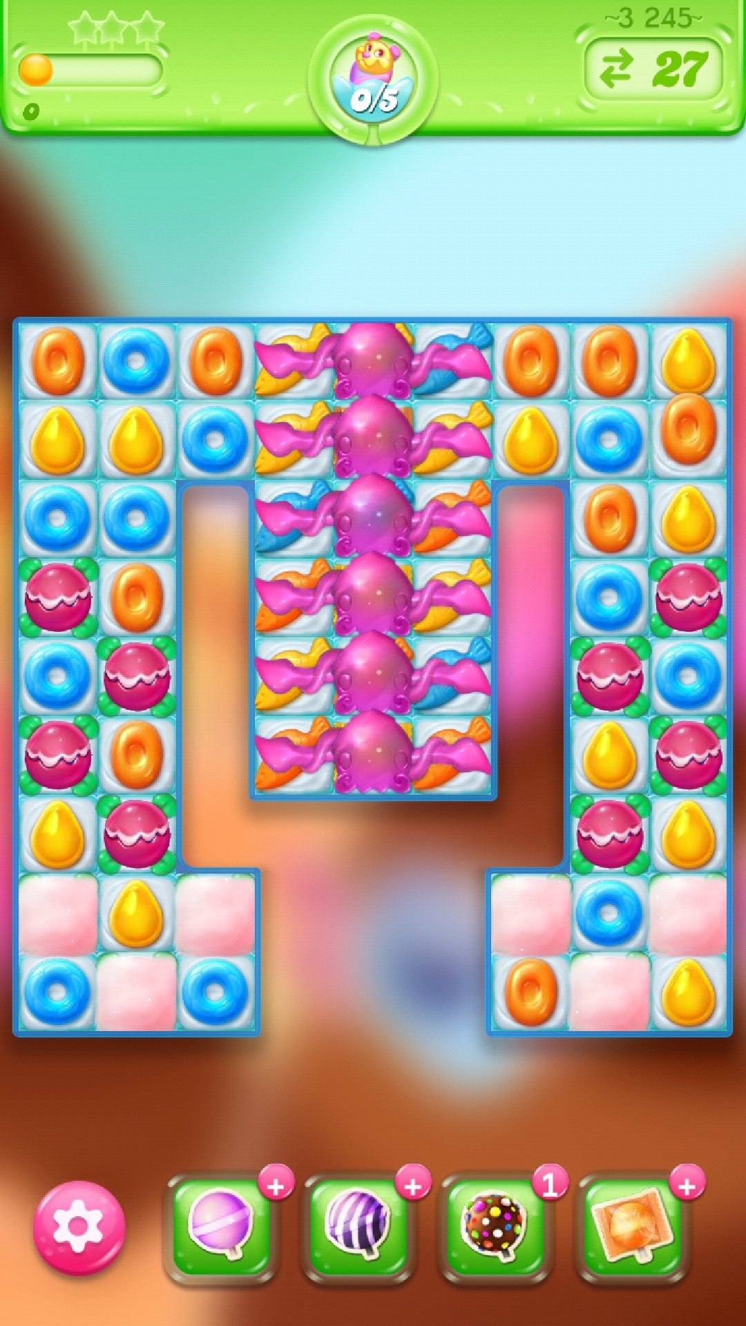 Tary キャンゼリ 現時点で最終ステージなっている 3245 パッフィー5匹を捕まえるのがクリア条件 ターン数はそこそこ パックンと触手が邪魔してきます 丸腰ではほぼ無理ですが2倍フィッシュがあれば比較的容易にクリア可能です キャンゼリ