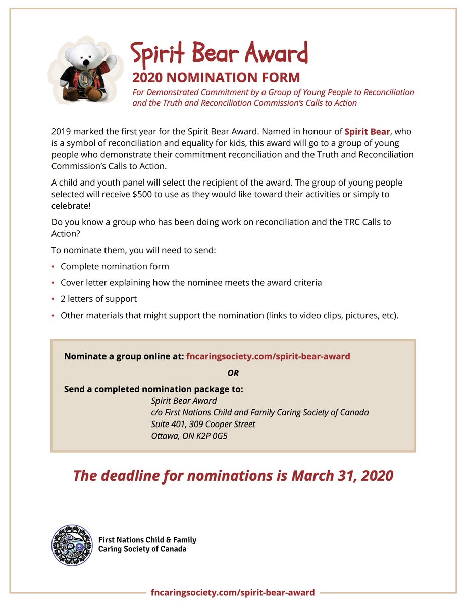 SpiritBear's tweet photo. Did you know that I have an award for a group of children and youth up to the age of 18 who have been doing amazing work on reconciliation and the TRC's Calls to Action? Check it out and nominate a group before March 31! Find the full nomination form here: https://t.co/huqL3SaUnq https://t.co/cuH9uVOYJg