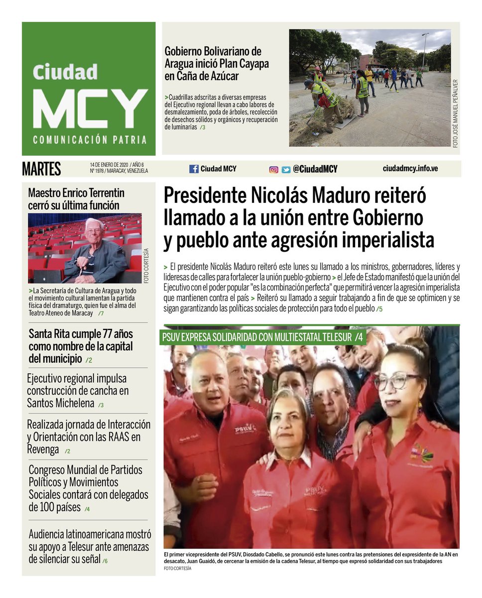 #14Ene Lee y comparte la portada de la nueva edición del diario #CiudadMCY ¡Comunicación patria! #Aragua #VenezuelaPorLaPaz 
@NicolasMaduro
 
@RMarcoTorres