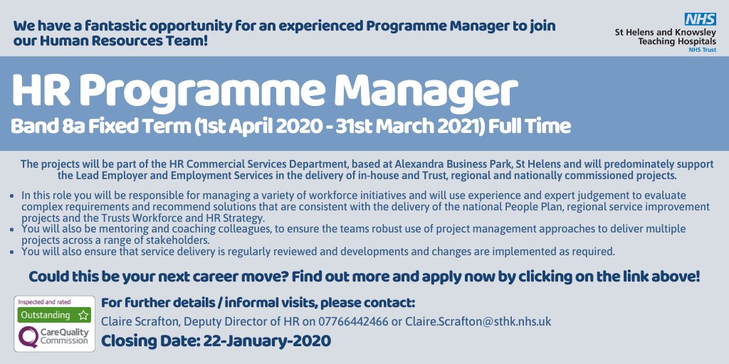 mwl_recruitment's tweet photo. EXCITING OPPORTUNITY!!!
Kick off the New Year with a New Job! Apply now: https://t.co/Ze45YfK2PV (Closing Date: 22/01/2020)
#WeAreTheNHS #NHSJobs #ProjectManager #ProjectManagement #HR #HumanResources #OurNHSPeople #NHSProjects #ProjectPlanning #PMOT https://t.co/kqPX970nMt