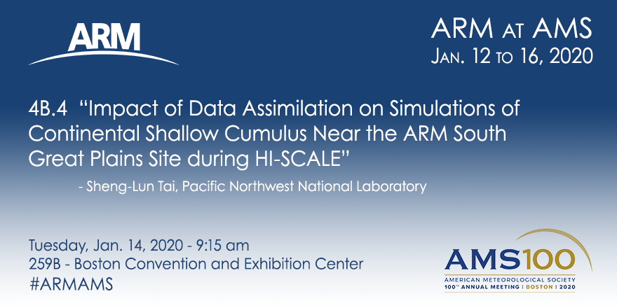 armnewsteam's tweet photo. At this #AMS2020 talk, @PNNLab’s Sheng-Lun Tai explores the impact of #atmospheric #data assimilation on the modeling of continental shallow cumulus #clouds as part of #ARM’s #HISCALE field campaign | #ARMAMS | https://t.co/gGRUnzJqFm https://t.co/iLLhNe2F4T