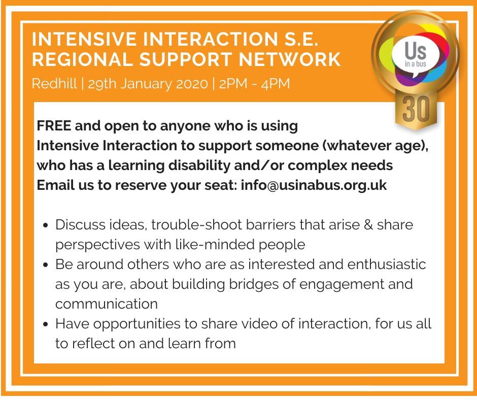 Join us for the next #IntensiveInteraction S.E Regional Support Network meeting.
Let us know if you’re coming, so that we can make sure we have plenty of 🍪 to go with your ☕️
Venue: Redhill Aerodrome RH1 5JZ 29/01/2020 2-4pm
RSVP info@usinabus.org.uk
#Autism #PMLD