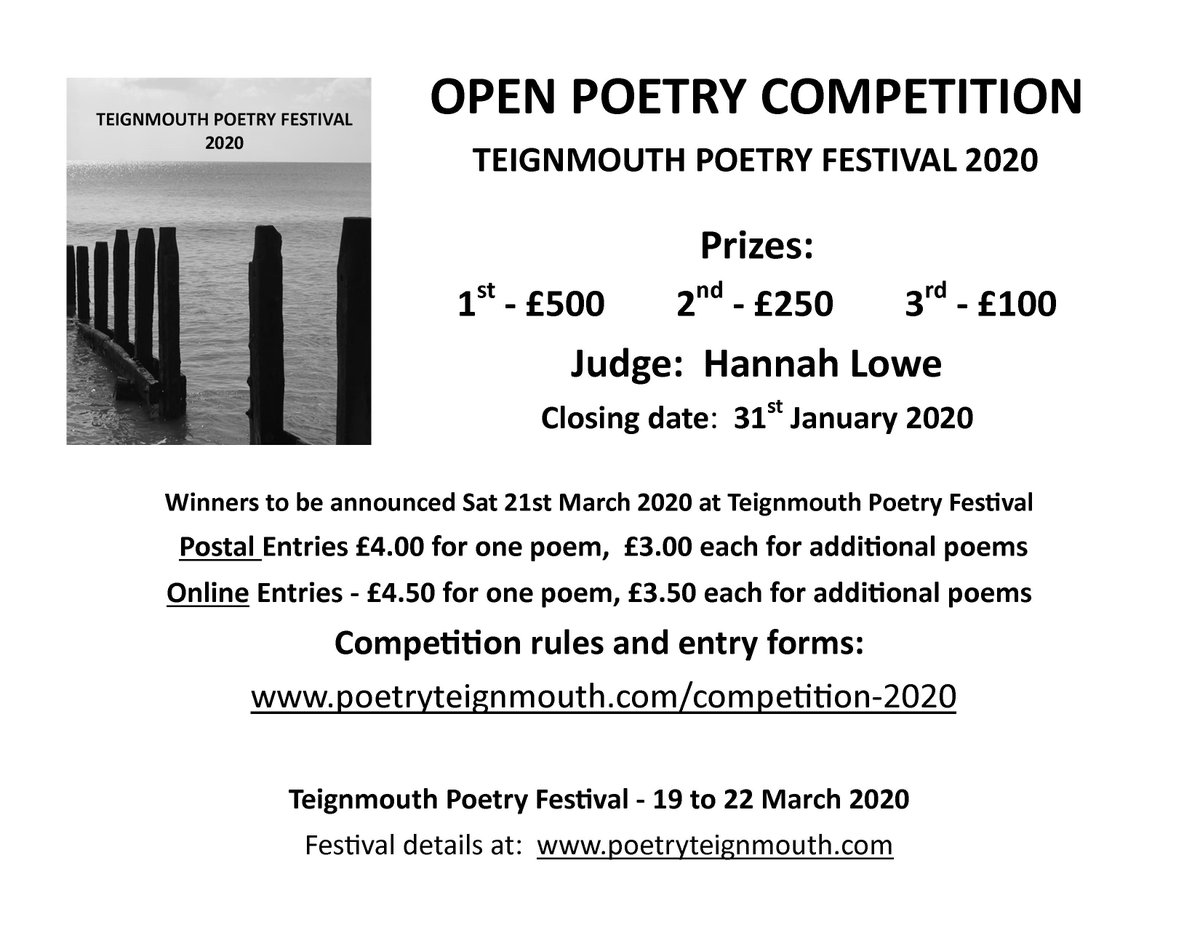 teignpoets's tweet photo. TEIGNMOUTH POETRY FESTIVAL 2020 POETRY COMPETITION.  Only 17 days to go.  Our competition closes at midnight on 31st January.  https://t.co/u4RA0Jnp05
#teignpoets,#hannahlowe,#poetrycompetition, https://t.co/lXgTngQMfU