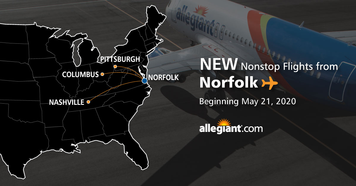 FlyORF's tweet photo. NEW @Allegiant nonstops to @RickIntlAirport, @Fly_Nashville and @PITairport with fares as low as $44* one-way coming to ORF. Seasonal service operates twice weekly beginning May 21/22 thru August 16/17. Book your getaway today at https://t.co/qP5ndK07Z1 #TogetherWeFly #TakeORF https://t.co/tqVgfJaav3