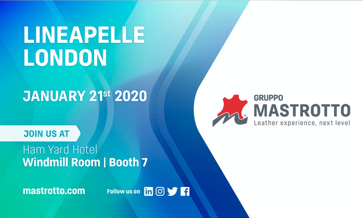 GruppoMastrotto's tweet photo. January 21st Gruppo Mastrotto will be at
@lineapellefair London to present the new Spring Summer 2021 collection. See you there!
#GruppoMastrotto #GetExpress #LeatherExperience #nextlevel https://t.co/v84NcqLkHp