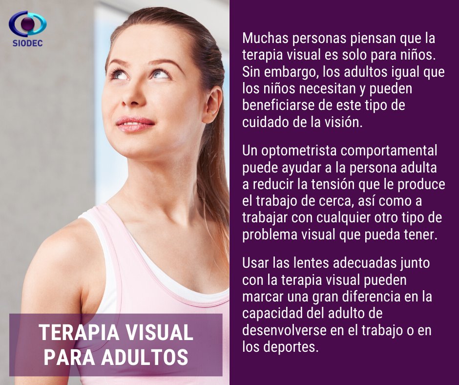 SIODEC's tweet photo. 👀👉✅ La terapia visual resulta ser efectiva en adultos a causa de la flexibilidad visual, la plasticidad cerebral y su firme motivación para conseguir una mejora en sus habilidades visuales. 🔗🔗 https://t.co/loUDoOc46O https://t.co/XMiA0yQVUj