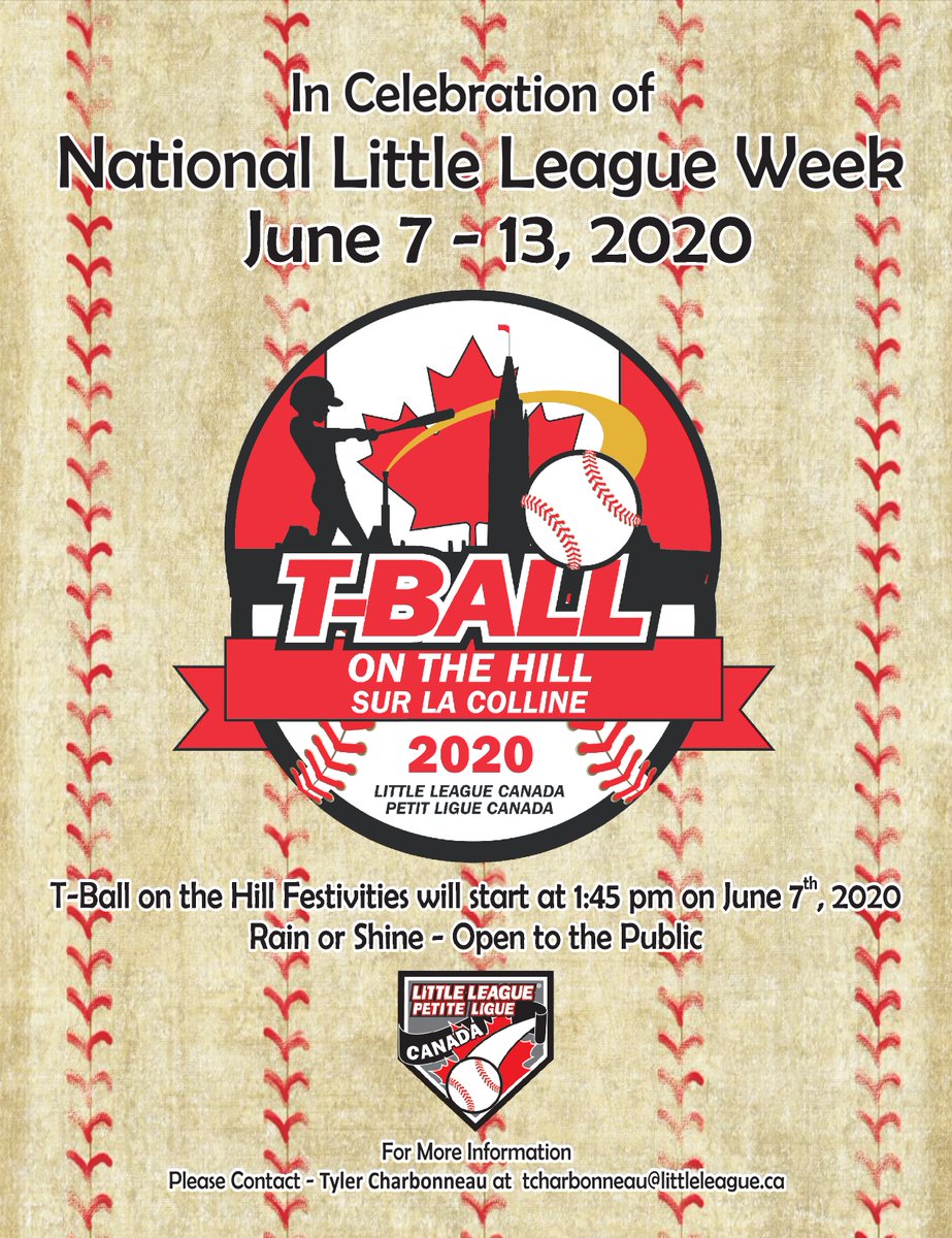 T-Ball on the Hill returns in 2020 to kick off National Little League Week in Canada! June 7th, 2020. We are grateful to have MP Anita Vandenbeld as the executive sponsor of our event.

Mark your calendars and come out to cheer on future big leaguers
