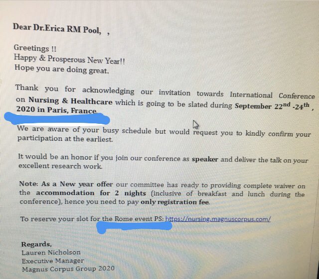 erica_pool's tweet image. This is the fanciest fake conference I’ve ever been invited to - one conference and with venues in Paris and Rome! And all I have to do to be a speaker is pay my own registration fee..... 

#predatoryconferences