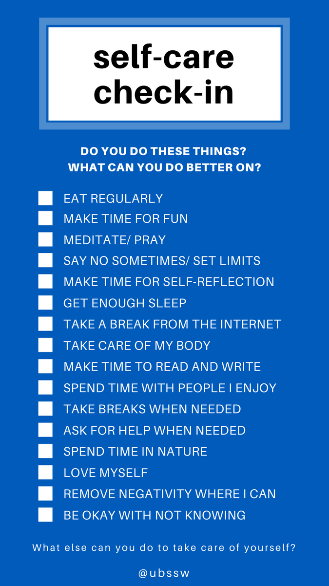 UBSSW's tweet photo. The #UBSSW Self-Care Starter Kit℠ has a seven step list for developing a self-care plan, including a #self-care assessment. Begin revitalizing your self-care plan today!
https://t.co/bRR6L9BC1N https://t.co/bqjrmpW3hk