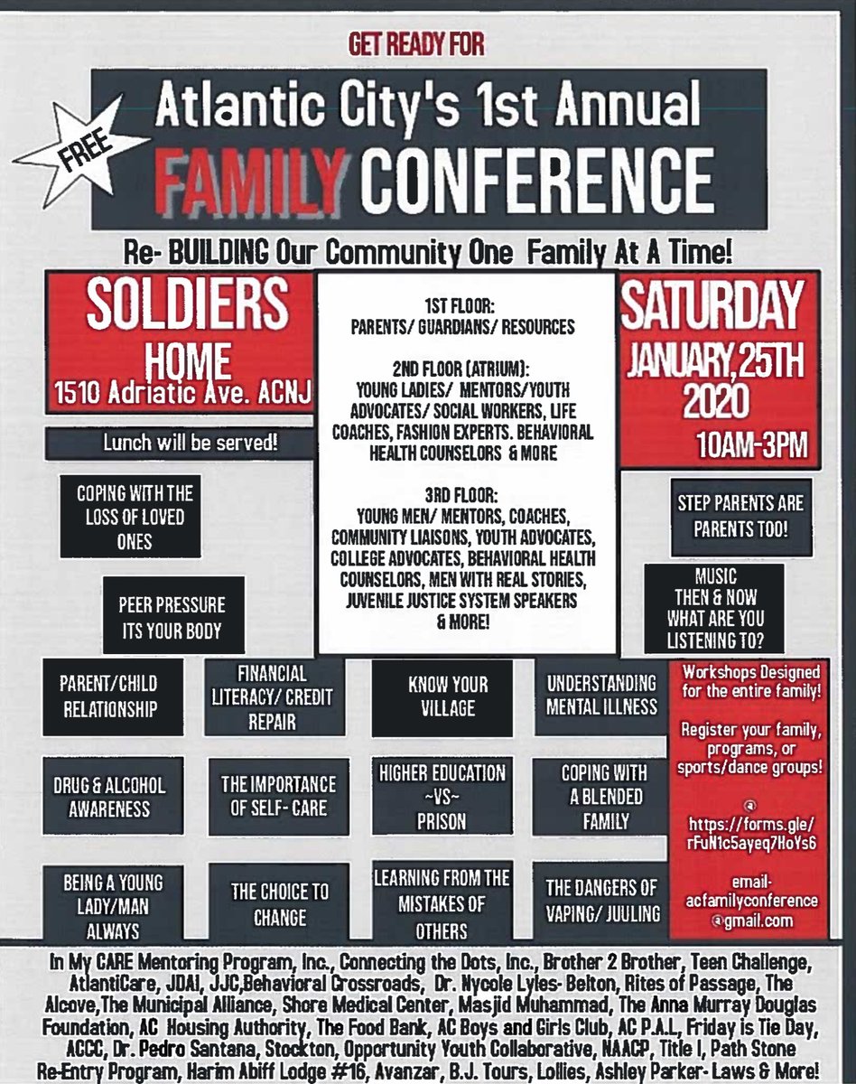ACCS_tweets's tweet photo. YOU are invited to #AtlanticCity's 1st Annual #Family Conference on January 25th! Check out all the informative and inspirational topics that will be covered next weekend!

You can RSVP and register for the event here: https://t.co/Mwau5dQea7

#NJstrong #NewJerseyStrong https://t.co/S0dq5Fe82d